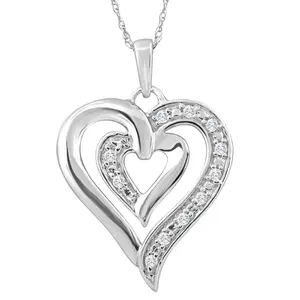 10K White Gold 1/10Ct TW Real Diamond Heart Pendant Necklace