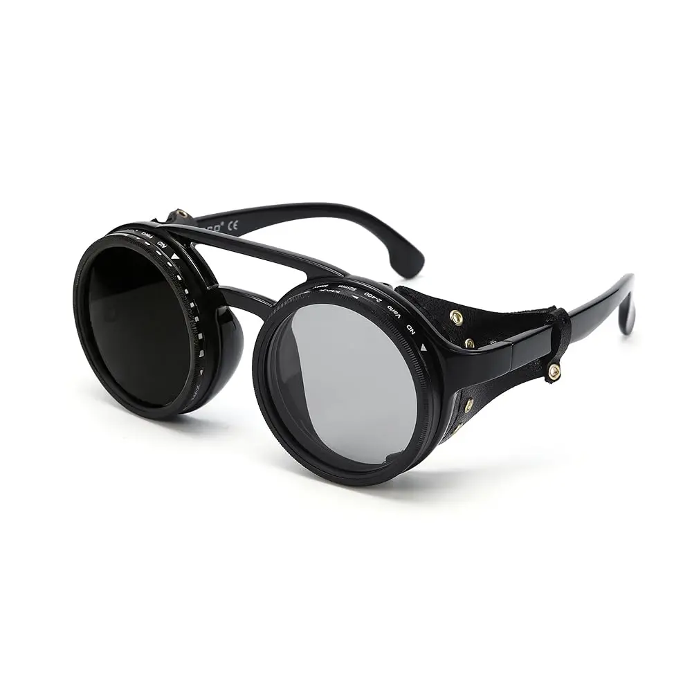 OUANGANC Adjustable Tint Sunglasses,Polarized Retro Round Steampunk 1-9 Gears ND Filter Lenses Sunglasses with leather side shields , All Season Hiking Cycling Fishing Driving Skiing