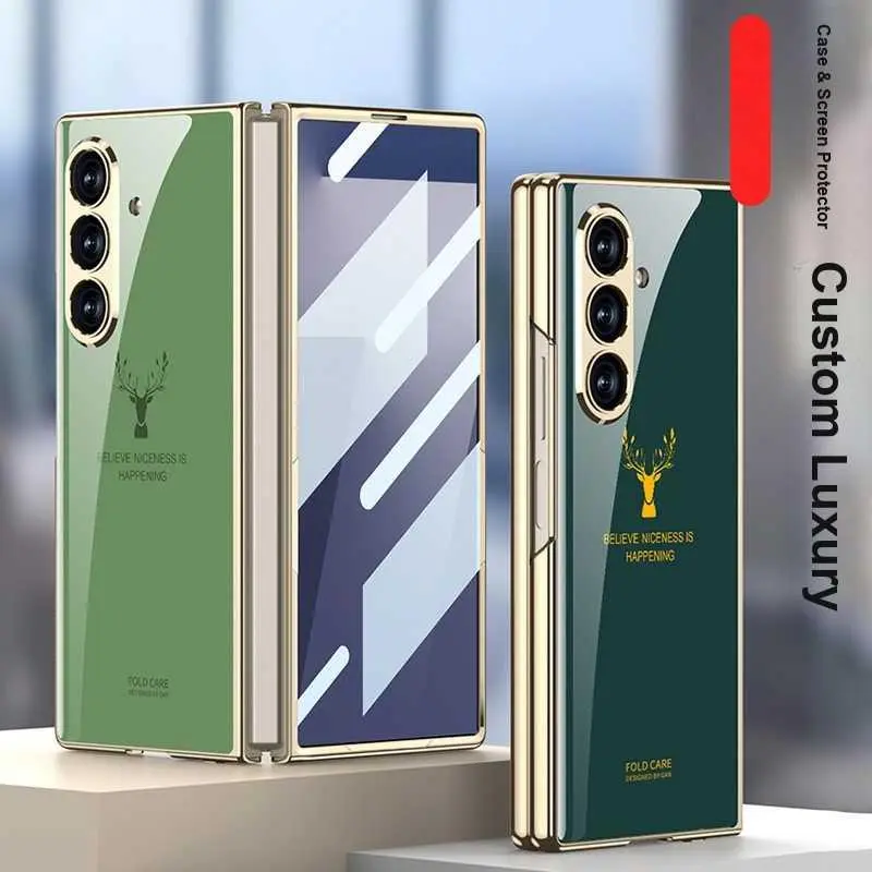 For Samsung Galaxy Z Fold7 Phone Case Creative Case & Screen Protector 2-in-1 Electroplated Glass Painted Full-Cover Anti-Drop Cover HNO53PL