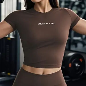 Alphalete Women's Summer Short Sleeve Sport T Shirt High Stretch Naked Feeling Quick Dry Fitness Top Sexy Slim Yoga Outfit Workout Activewear