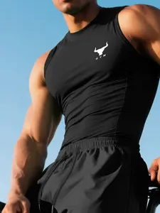 2-Pack Men’s Sleeveless Gym Tank Tops, Golden Bull Head GYM Print, Slim Fit High Stretch Training Tops, Breathable Polyester Workout Tees, Ideal for Weightlifting, Bodybuilding, Crossfit & Streetwear, Black