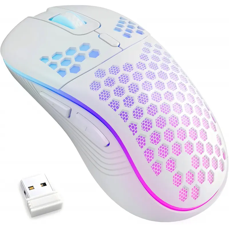 Wireless Lightwelght Gaming Mouse, Urtra-LightHoneycomb Shell, 2.4g Wireless Rechargeable RGBBacklight, 6 Buttons, Adjustable 3200 Dpl, USB Recelver
