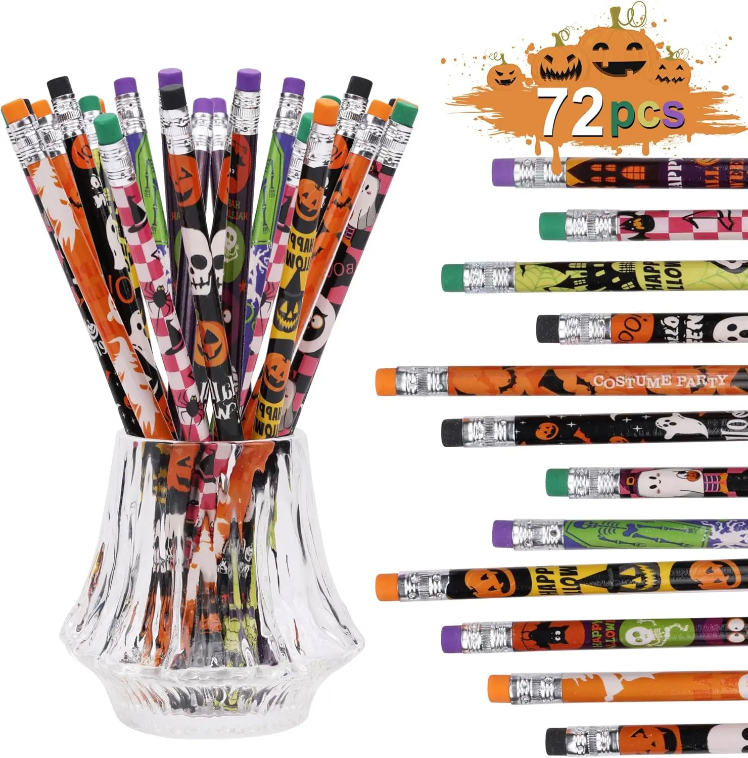72 PCS Halloween Pencils Party Favors Set, Halloween Stationery for Kids, Trick or Treat Goodie Bag Stuffers, Classroom Rewards, School Prizes, Teacher Supplies, Halloween Party Supplies & Gifts