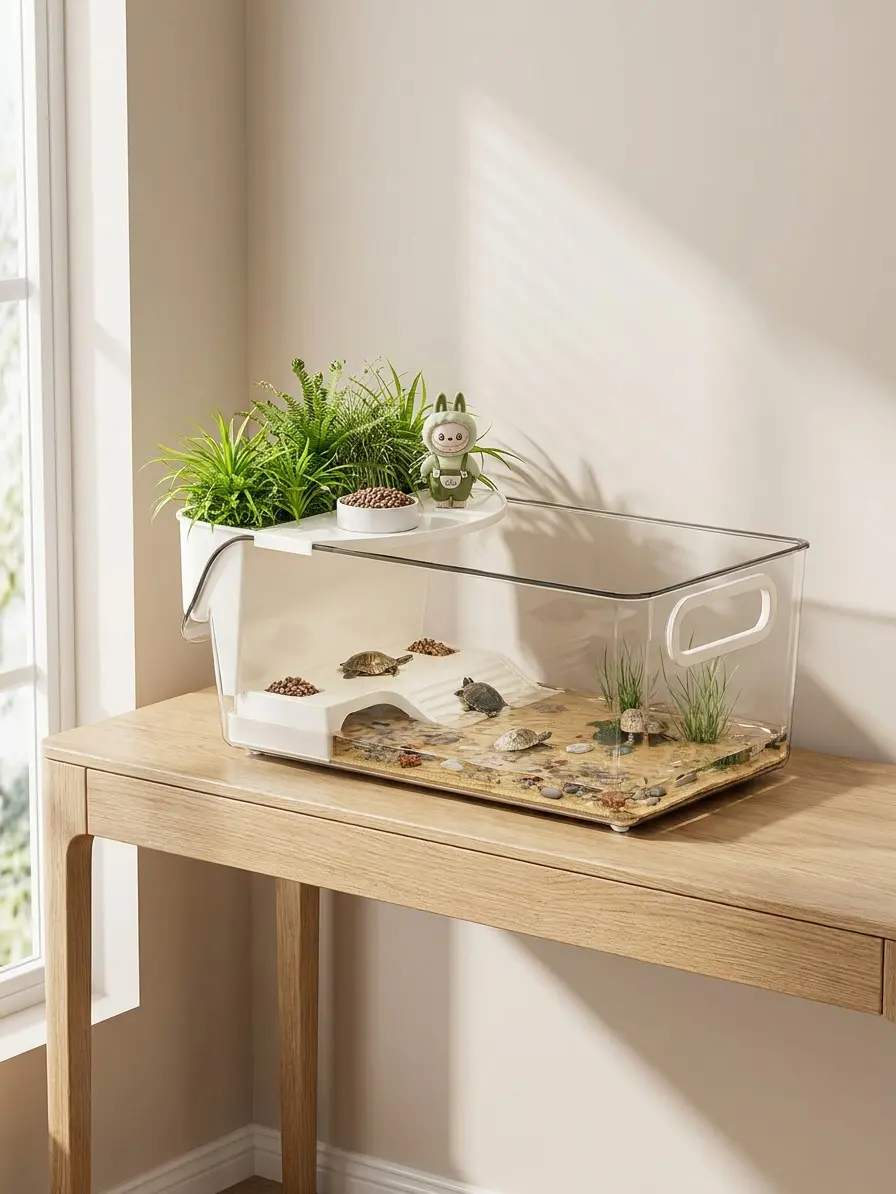 High Clarity Panoramic View Turtle Habitat with Built-In Basking Loft & Integrated Feeding Station, Portable Terrarium for Baby Turtles, Hermit Crabs