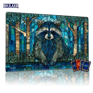 Stained Glass Raccoon Forest Scene MTG Playmat - 12x24in Non - Slip, Perfect for TCG Games, Tabletop Games, Family Gatherings & Gift Giving