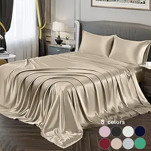 Solid Color Satin Bedding Set, 4pcs Including 1 Flat Sheet & 1 Fitted Sheet & 2 Pillowcases without Filler, Soft Bedding Set for Home, Satin Bed Sheets