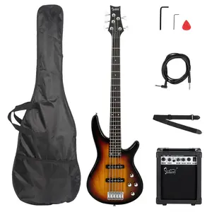 5 String Full Size Electric Bass Guitar Kit with SS Pickups 20W Amp Sunset Color Basswood Body Maple Neck Rosewood Fretboard for Experienced Players