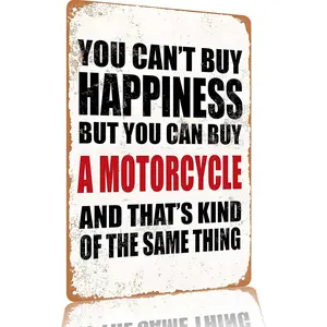 "You Can't Buy Happiness But You Can Buy A Motorcycle" Metal Sign 8x12" Aluminum Wall Decor - Retro White & Red Biker Humor Wall Art for Home & Garage