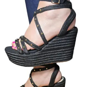 Cindy Sandalias 100% Colombianas negras y rojas  Girl Footwear Walking Shoes Summer Flat Parent Women's Black Wedge Sandals with Strappy Design and Comfortable Platform Sole