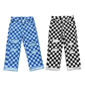 Girls' Ripped Checkered Denim Jeans - Mid Waist, Fitted, Elastic Waistband, Below-the-Knee Hem, All-Seasons, 4-5 Years, Casual Mix-and-Match Bottoms
