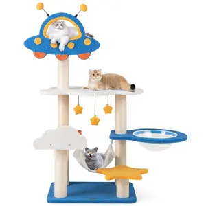 COSTWAY - 49 Inches Tall Cat Tree with UFO Top Perch Space Capsule and Sisal Scratching Posts-Blue