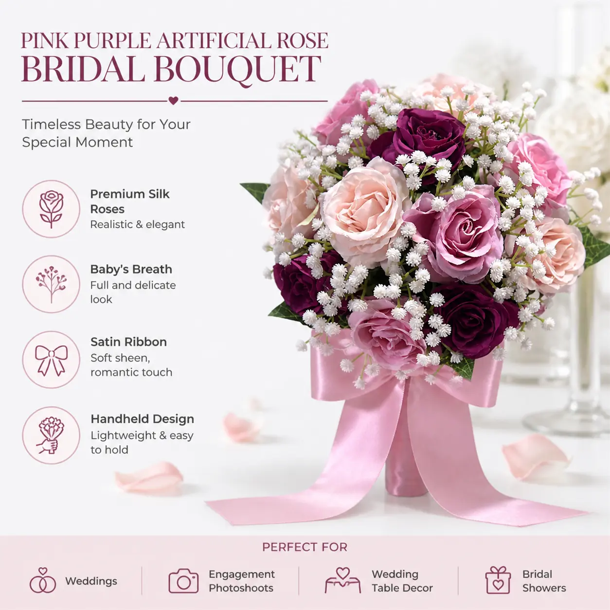 Pink Purple Artificial Rose Bridal Bouquet With Baby’s Breath, Satin Ribbon Handheld Silk Flower Bouquet For Wedding Ceremony, Engagement Photoshoot & Wedding Table Decor