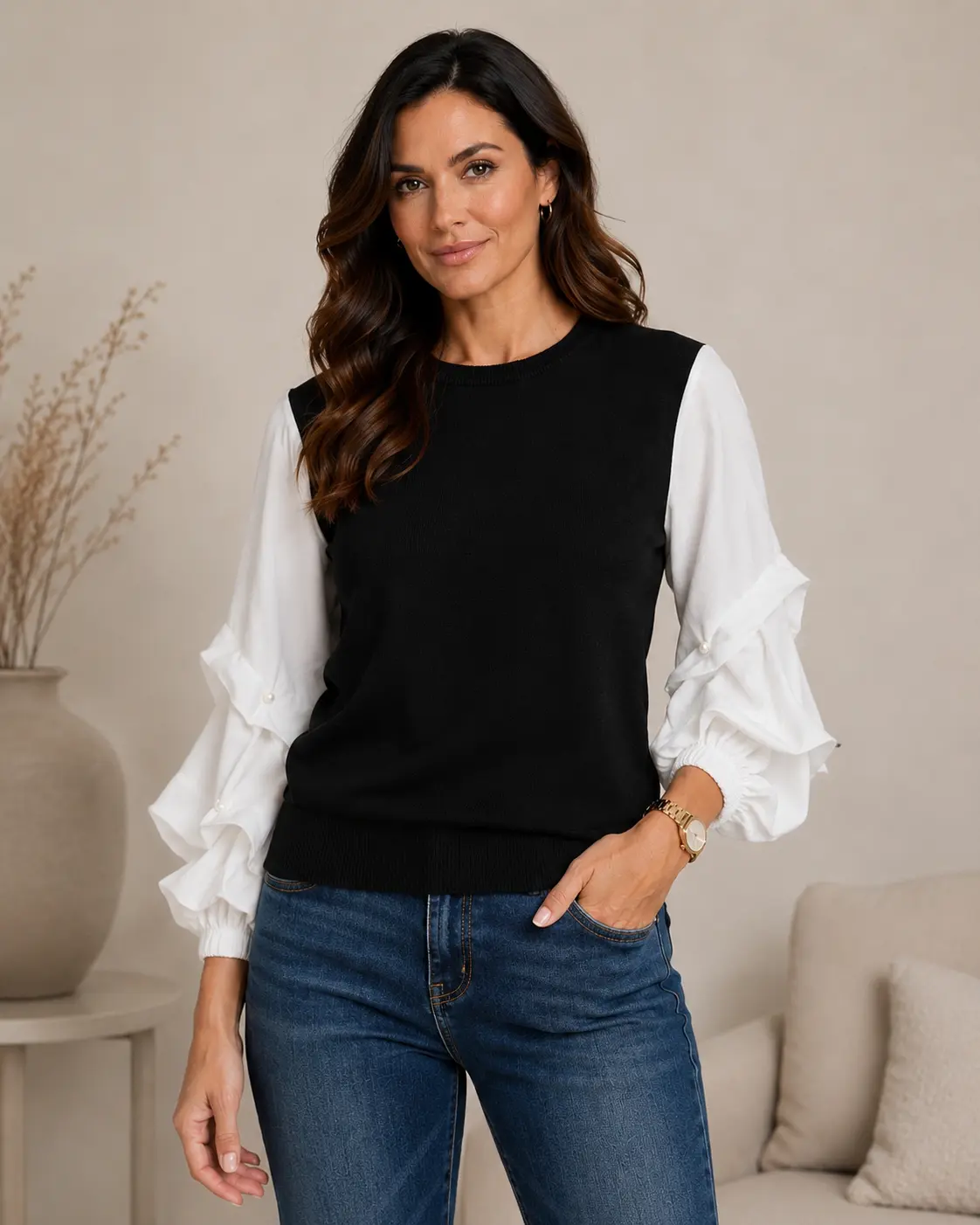 ✨ CeCe Rich Black Mixed Media Sweater Top – Pearl Detail Ruched Sleeves | Elegant Dressy Knit Blouse | Women’s Medium