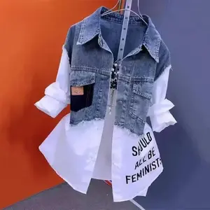 Women's Denim Jacket Fake Two-piece Denim Shirt 2026 New Spring Summer Autumn Casual Fashion All-match Stitching Striped Jacket for Women（gift）