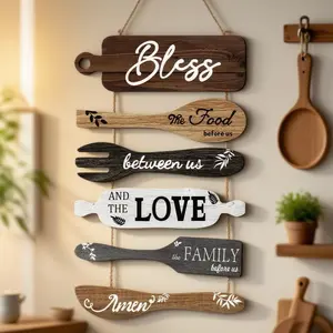 Set of 6 farmhouse kitchen decor pieces: “Bless the Food Before Us” dining room wall decor, rustic wooden rope sign, country collage wall art—kitchen decorations