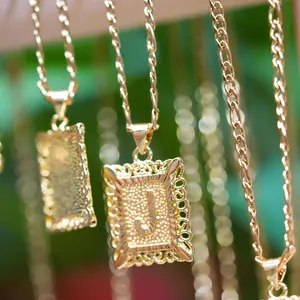 18k Gold Plated Square Lace Letter Pendant Necklace for Men & Women Retro Design Allergy Resistant Non Fading Jewelry Dainty Valentine's Day Gift