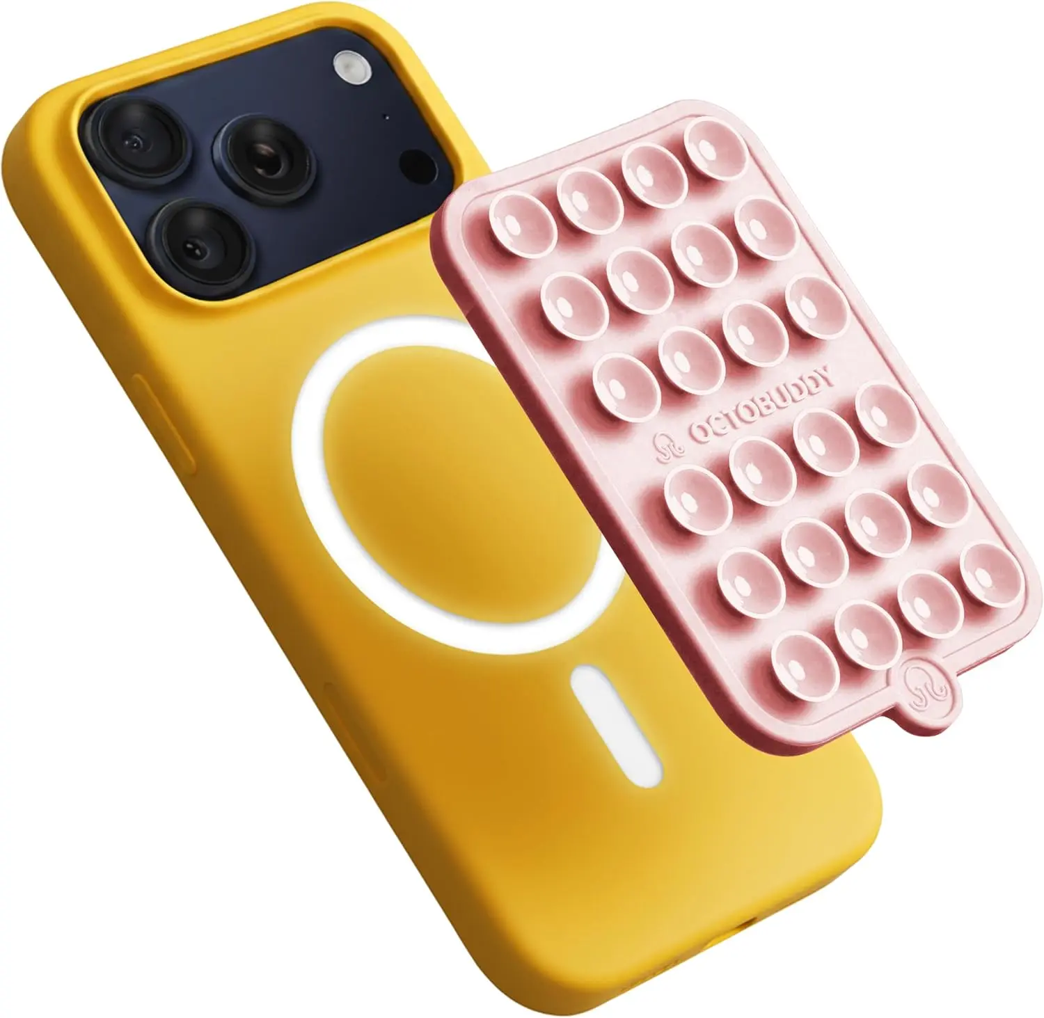 OCTOBUDDY Magnet - Dual Magnetic & Suction Phone Mount - MagSafe-Compatible Silicone Mobile Holder - Hands-Free Selfies & Videos - Content Creator Accessory - 2.6″ x 3.9″, Chalk Pink