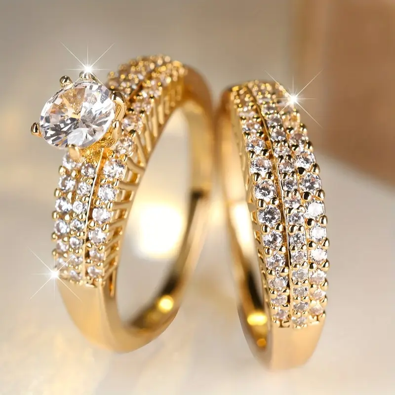 Elegant Glittering Ring Set for Women, 2-Piece Paved Cubic Zirconia Stackable Bands for Engagement & Wedding, Silver or Gold Tone, 2-Piece Sets, Shining