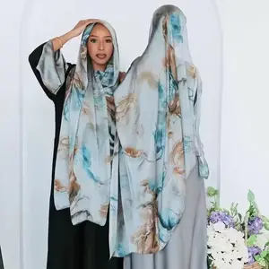 Ombre Marble Water Print Shawl Hijab Scarves Premium Chiffon Silk Muslim Floral Design Long Style Satin Modal