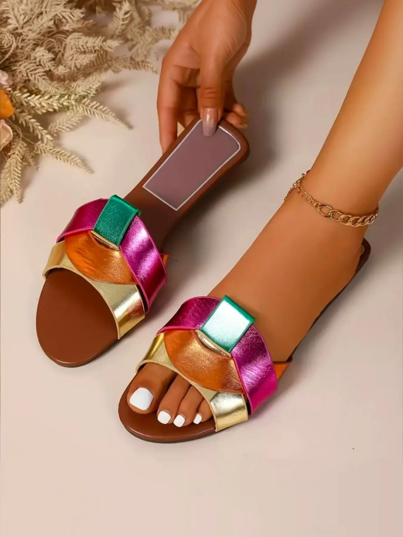 Women's Rainbow Metallic Slide Sandals, Colorful Open Toe Flat Slippers, Non-Slip Soft Sole, Lightweight & Comfortable, Beach & Poolside Wear, Summer