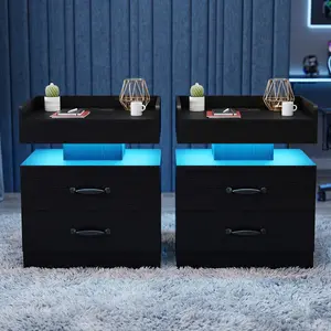 Black Nightstand with Charging Station,Modern Black Side Table/Nightstand featuring 16-Color LED Lighting and Two Drawers, Suitable for Bedrooms and Living Rooms