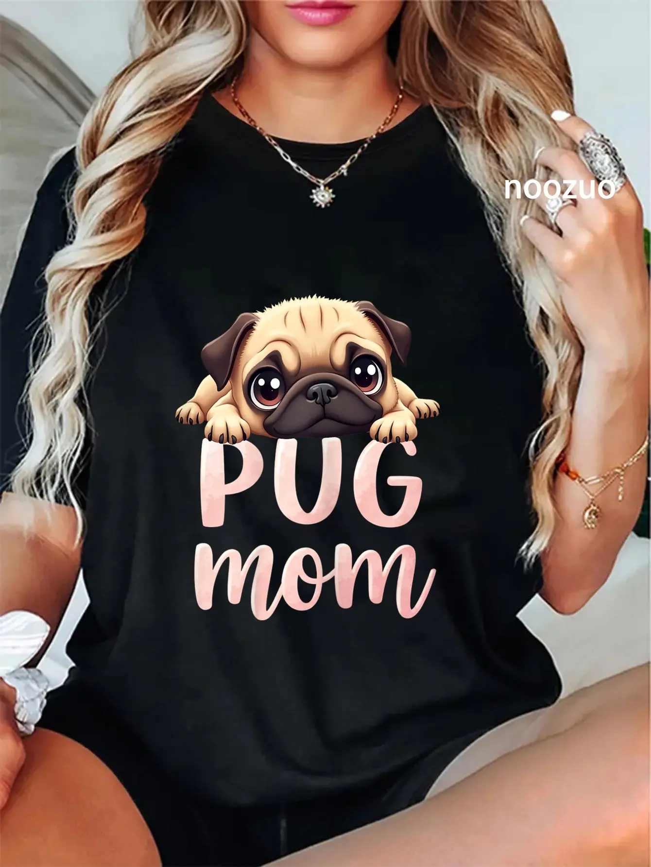 100% Cotton Unisex Pug Mom Dog Pug Mama Cute Puppy T-Shirt for Women
