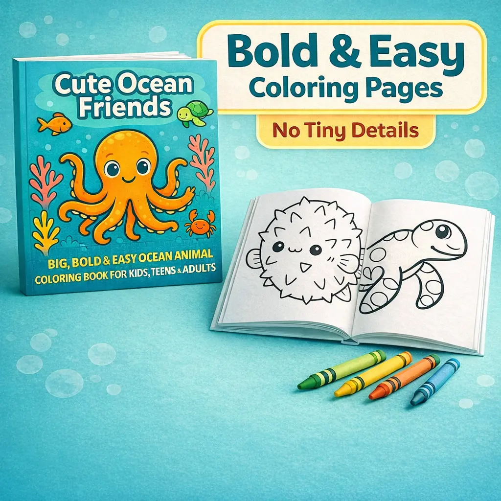 Razbry Reefs LLC Paper Coloring Book for Kids, Office Stationery Art Supplies - Bold Easy Sea Creatures, Relaxing Underwater Fun, 90+ Charming Ocean Friends Illustrations