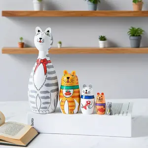 Set of 5 Cat Nesting Dolls - Adorable Handmade Wooden Matryoshka Stacking Cats Toys for Children, Kids & Cat Lovers - Cute Figurine and Display Ornament for Home Decor, Office Desk, Bookshelf - Unique Decorative Statue Gift for Christmas and Birthday