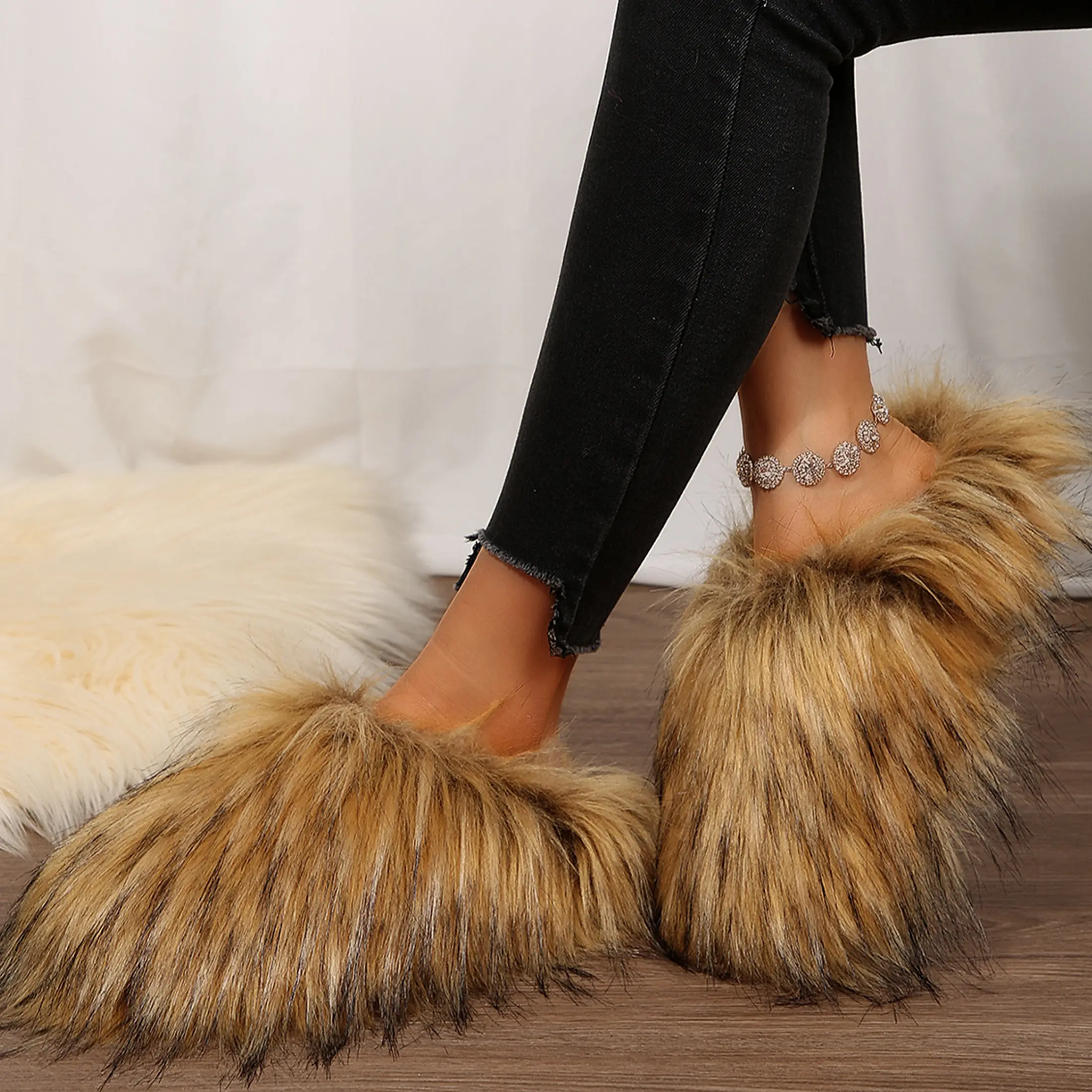 Women's Fluffy Plush Slippers Colorful Plush Slides Shoes for Cozy Indoor & Outdoor Wear