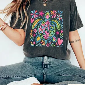 Retro Turtle Shirt, Boho Floral Turtle T-shirt, Nautical Beach Shirt, Aesthetic Women Gift, Summer Beach Tee, Cute Turtle Crewneck O