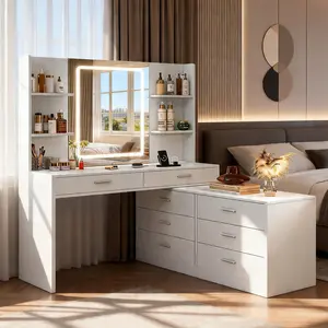 63.5 in Modern Corner Makeup Vanity Desk - Indoor Furniture with Adjustable LED Light Mirror, 8 Drawers, Open Shelves for Bedroom Cosmetics Storage & Organization, Makeup Vanities