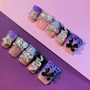 DiDazzle 10 PCS Handmade Duckbill Press - on Nails | GlamBowSparkle with Acrylic Rhinestone Bows, Zebra Patterns & Snake Accents