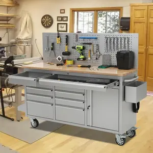 🔧 Heavy Duty 61" Rolling Tool Chest Workbench – 10 Drawers, Rubber Wood Top, 1675 lbs Load – Power Strip, Lock & Wheels – Perfect for Garage or Workshop! 🛠️, Steel Frame