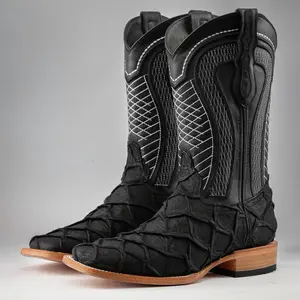 Rustic Matte Black Pirarucu Print Leather Boots - Square Toe