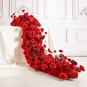 RED Flower Garland,5D Luxury Floral Table Runner,Romantic Wedding Centerpiece, Flower Row for Backdrop Decor