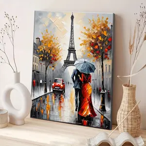 1 Piece Paris Eiffel Tower Canvas Wall Art Print - Romantic Couple Abstract Texture Painting, Modern Bohemian Style, Contemporary Warm Gold and Brown Tones - Ready-to-Hang Wrapped Canvas Frame, Suitable for Living Room, Bedroom, Office - Perfect Gift for