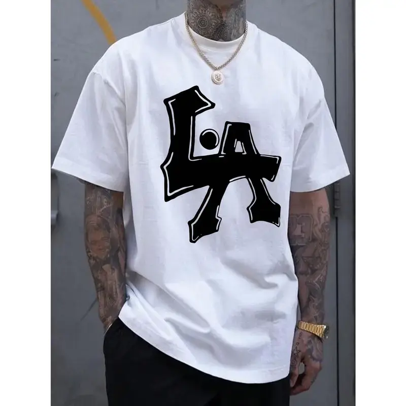 Men's Cotton T-Shirt with Letter Print, Casual Short Sleeve Round Neck Tee for Summer and Daily Wear, Tshirt, Menswear