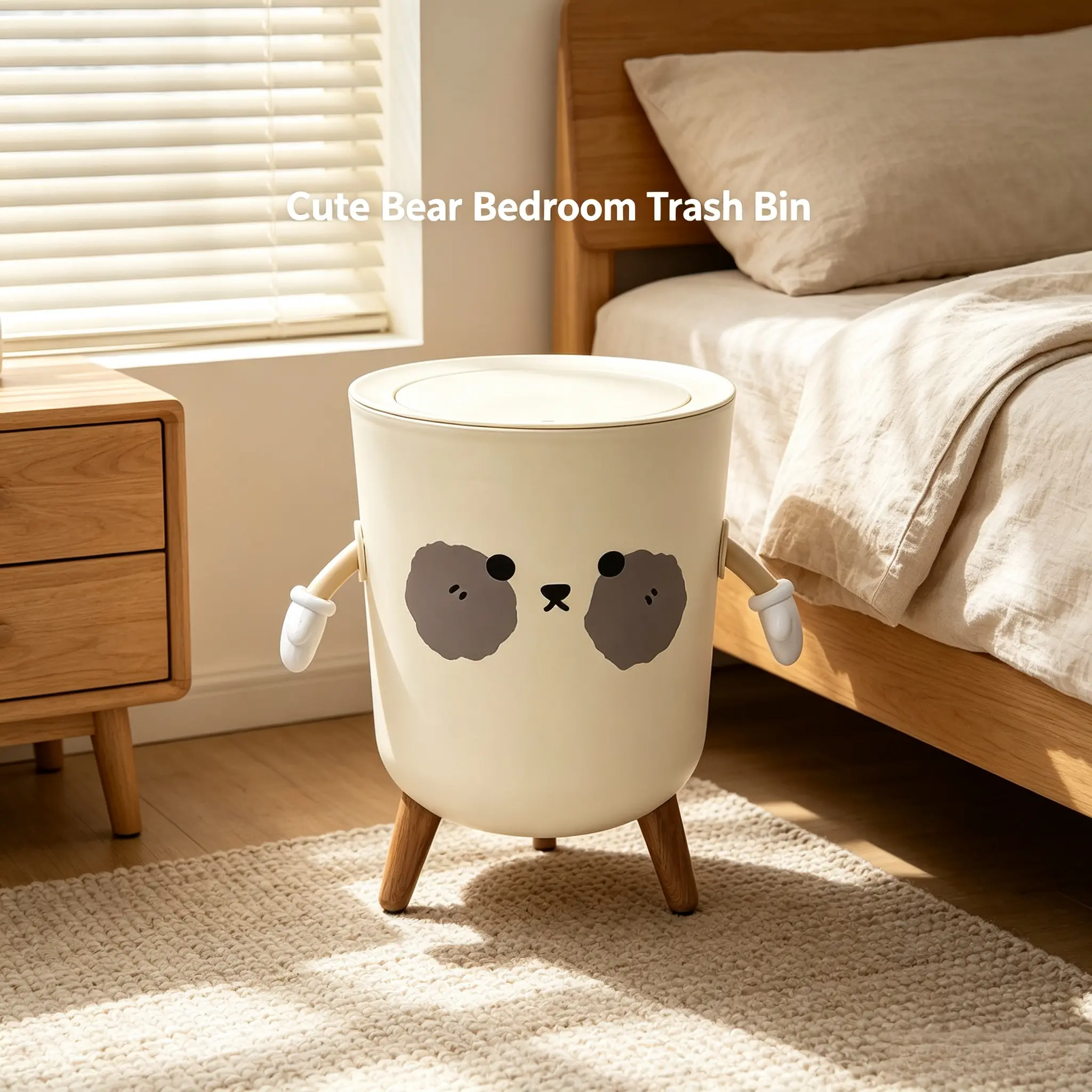 Kid-Safe Rounded Corners Cute Dog Press-Lid Odor-Sealed Waterproof Plastic Bin with 3-Wood-Legs, Anti-Tip Spring-Activated Touchless Single Unit, Removable Bucket for Toddler Nursery, Study, Wardrobe (Decorative Home Supply)