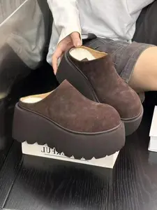 Women's Mule Shoes, Round Toe, Mid Heel, Two Colors, Low Top, Textile Upper, Rubber Sole, Fall & Winter, Platform Mules, Size Suggestion