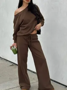 Women's Two Piece Lounge Set, Loungewear, Off Shoulder Long Sleeve Top Loose Fit Pullover Drop Shoulder Oversized Style with Drawstring Elastic Waist Wide Leg Pants Solid Brown Outfit Soft Cotton Blend Breathable Casual Streetwear Fall Winter Matching