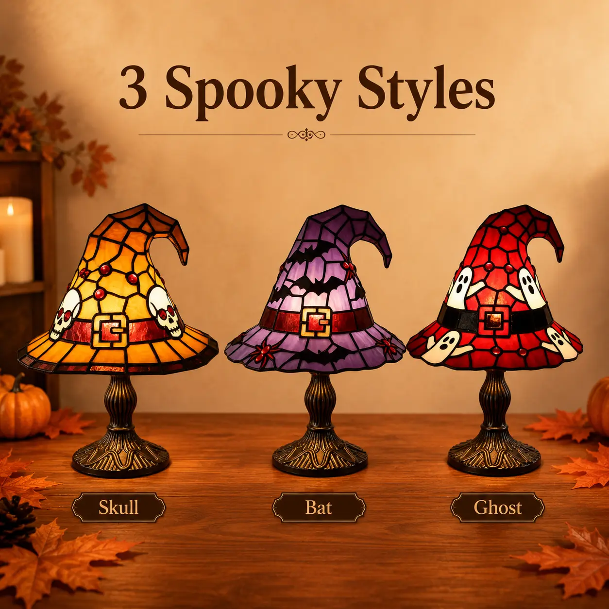 Halloween Witch Hat Table Lamp, Stained Glass Style Spooky Night Light, Fall Tabletop Decor for Bedroom, Mantel & Desk
