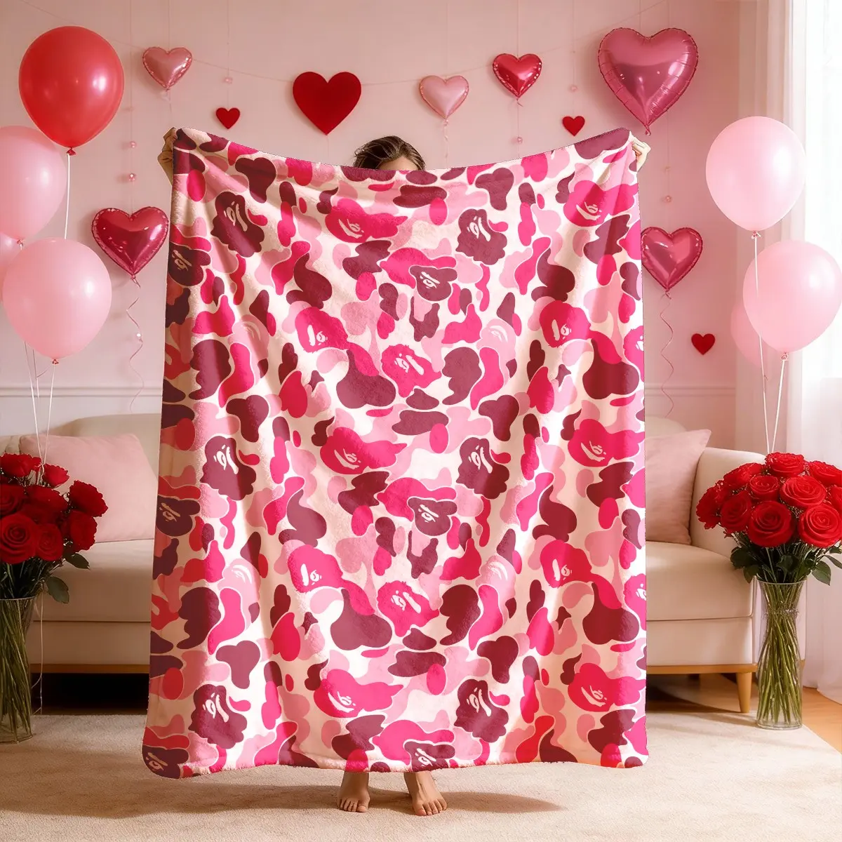 Flannel Blanket Camo Theme, Large Size, Soft Lightweight Warm, Perfect for Bed Sofa Office Camping Travel, Valentine's Day Gift, Soft Fluffy Camouflage Flannel Blanket