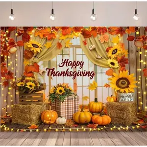 1pc 2D Flat Happy Fall Thanksgiving Polyester Backdrop ft/ft, Rustic Brown Wood & Sunflower Design with Haystack and Pumpkins for Party Decorations, Photography Backgrounds, Cake Table Banners