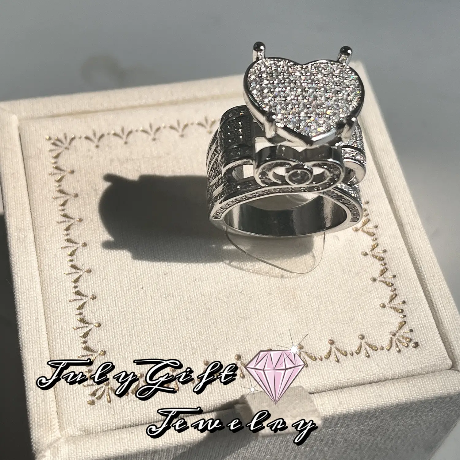 Women's Love Heart CZ Cluster Statement Big Architecture Ring