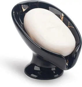 Soap Dish, Ceramic Soap Holder, Self Draining Soap Dish Holder, Leaf Shape Soap Bar Holder (Black)
