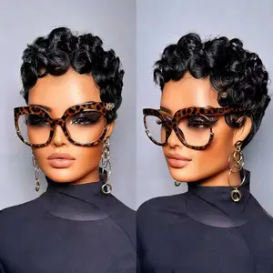 Women'S Human Hair Wig Pixie Cut with Bangs Layered Deep Wave Style, Elastic Net Cap, Curly Wave 6Inch Machine-Made, Suitable for Everyday Wear, Easy to Manage Parties, Important Holidays Mother'S Day, Good Friday, Easter