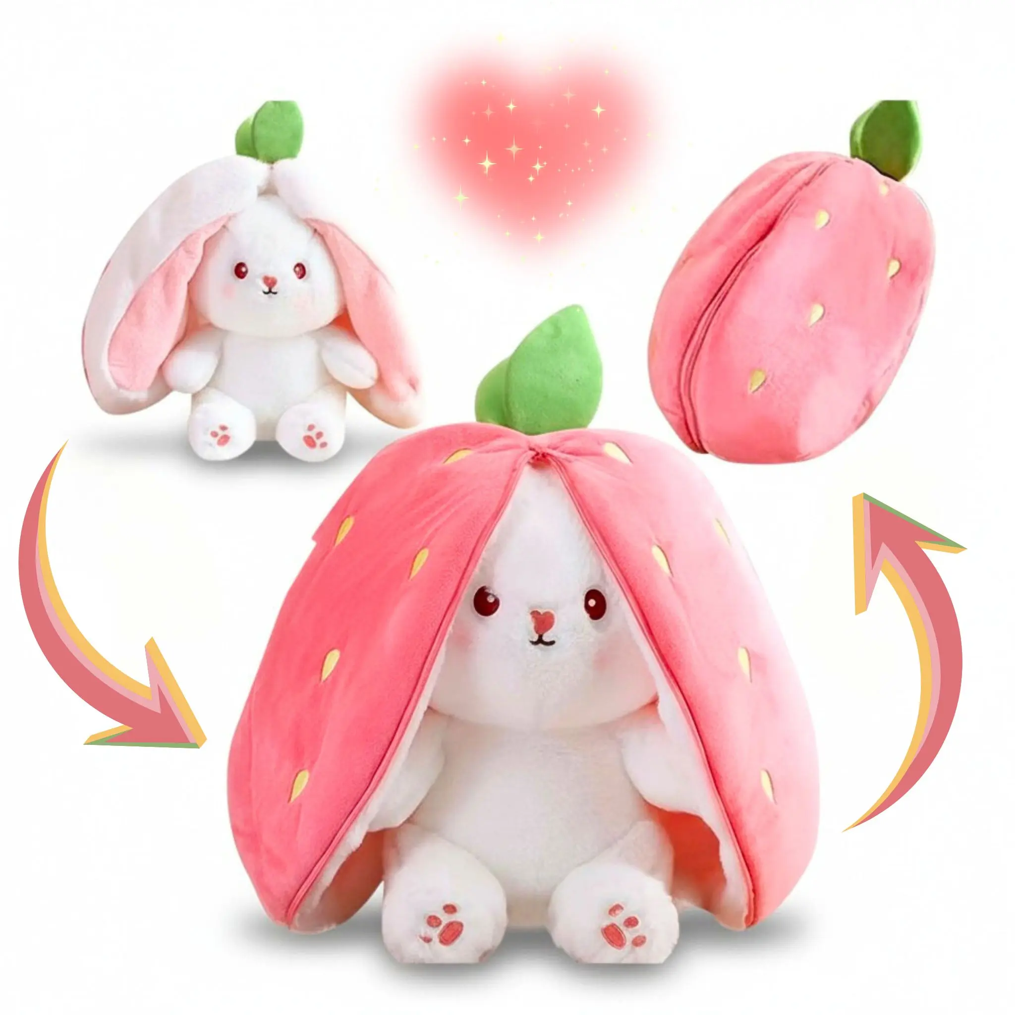 Reversible Strawberry Bunny Plush Toy, Soft Kawaii Transforming Hide-and-Seek Cuddly Stuffed Animal, Plushies for Birthday Gifts