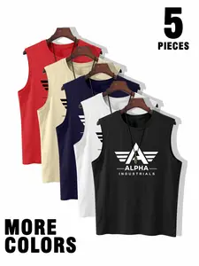 5pcs Men's Tank Top, “ALPHA”Fashion Print Design, Men's Wide Shoulder Tank Top,Breathable Summer Gym & Casual Fashion Sleeveless Shirt, Street American Style, Unisex Couple Wear,Suitable For Daily Wear