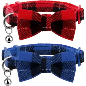 Azuza Christmas Breakaway Kitten Collar with Bell, 2 Pack Safety Buckle Kitten Collars with Bowtie, Classic Xmas Plaid Design, Adjustable from 6"-8" azuza
