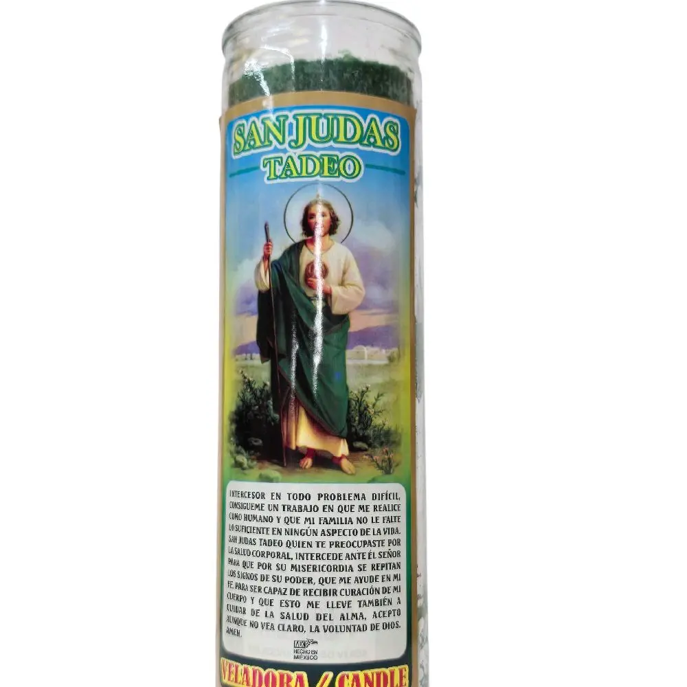 San Judas Tadeo Patron Prayer Decorated Candle - Paraffin Wax, Non-Toxic, Soft Aroma Scented Light, Traditional Saint Image, Ideal for Devotion Area, Spiritual Experience Gift for Urgent Requests